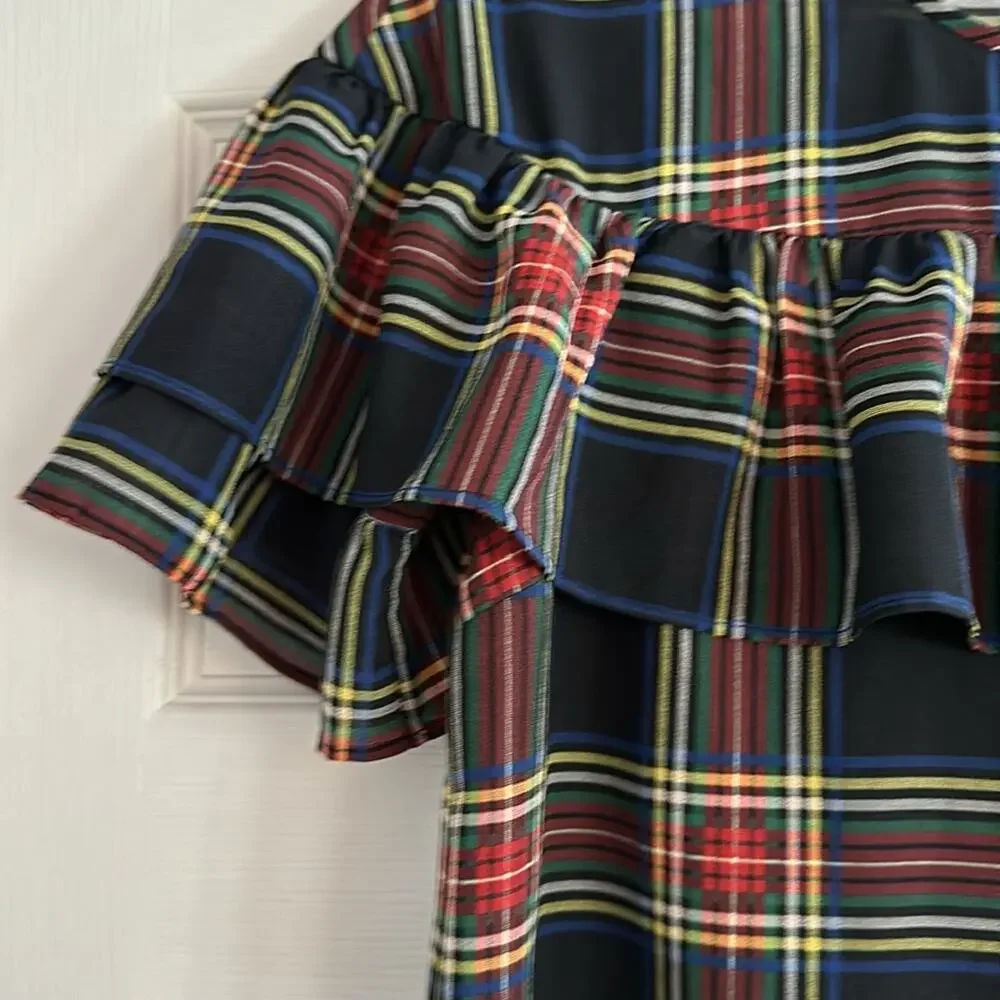 J Crew Edie Stewart Plaid Ruffle Top Black Red Green SIZE 2 Blouse Tartan Top